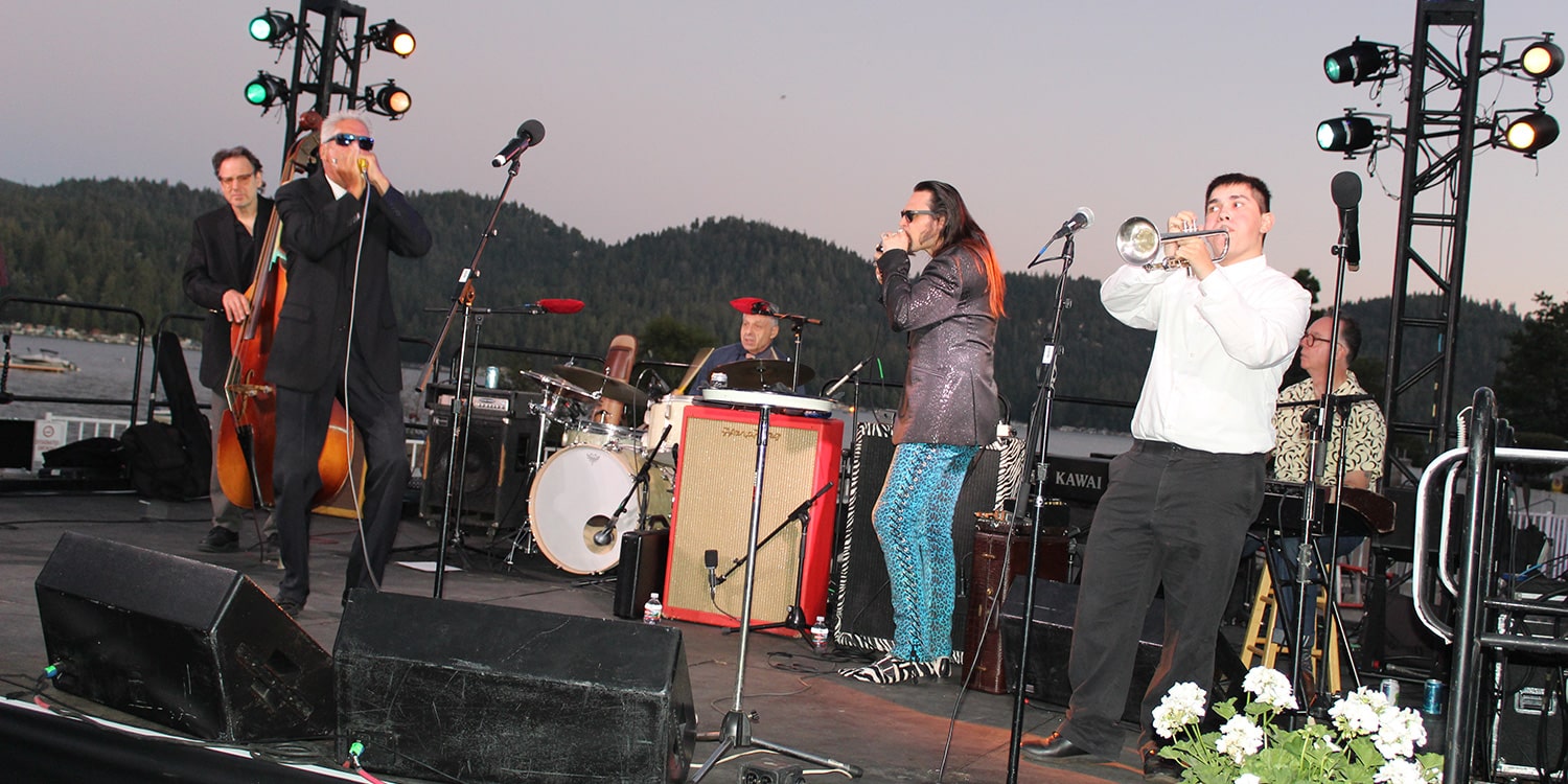 BJJF Scholarship recipient Jonathan Angel on trumpet accompanies Rod Piazza and the West Coast Wizards<br />at the Blue Jay Jazz Festival, Thursday, August 26, 2021